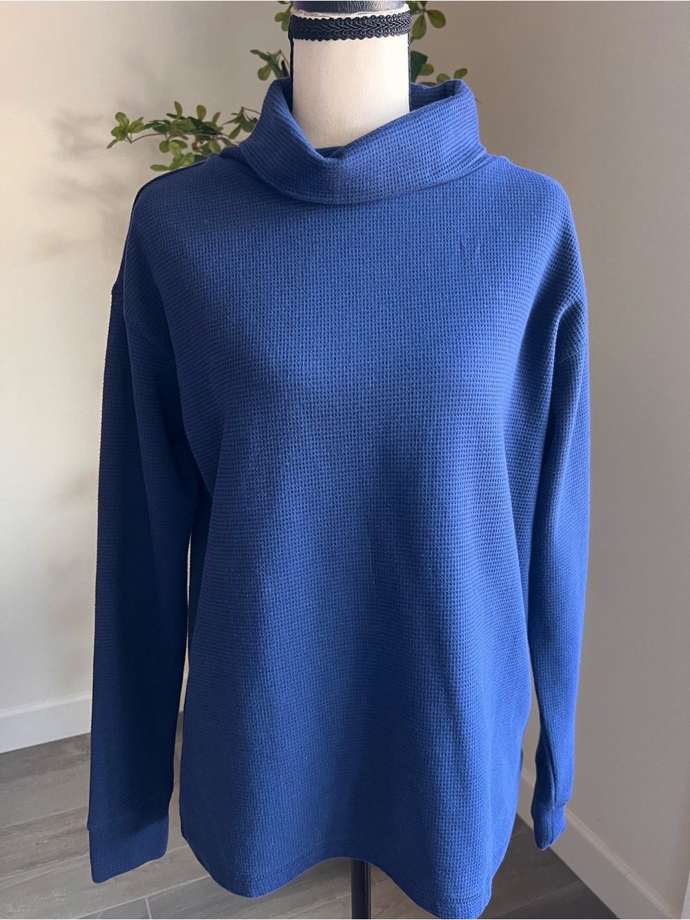 Women’s Blue Waffle Cowl Neck Sweater Size S Minimalist